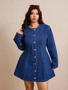 Elaquor 大尺碼女款長袖單排扣休閒牛仔洋裝，休閒優雅夏季穿搭，適合女性，優雅洋裝，度假可愛派對風 - 藍色 - 查看 4