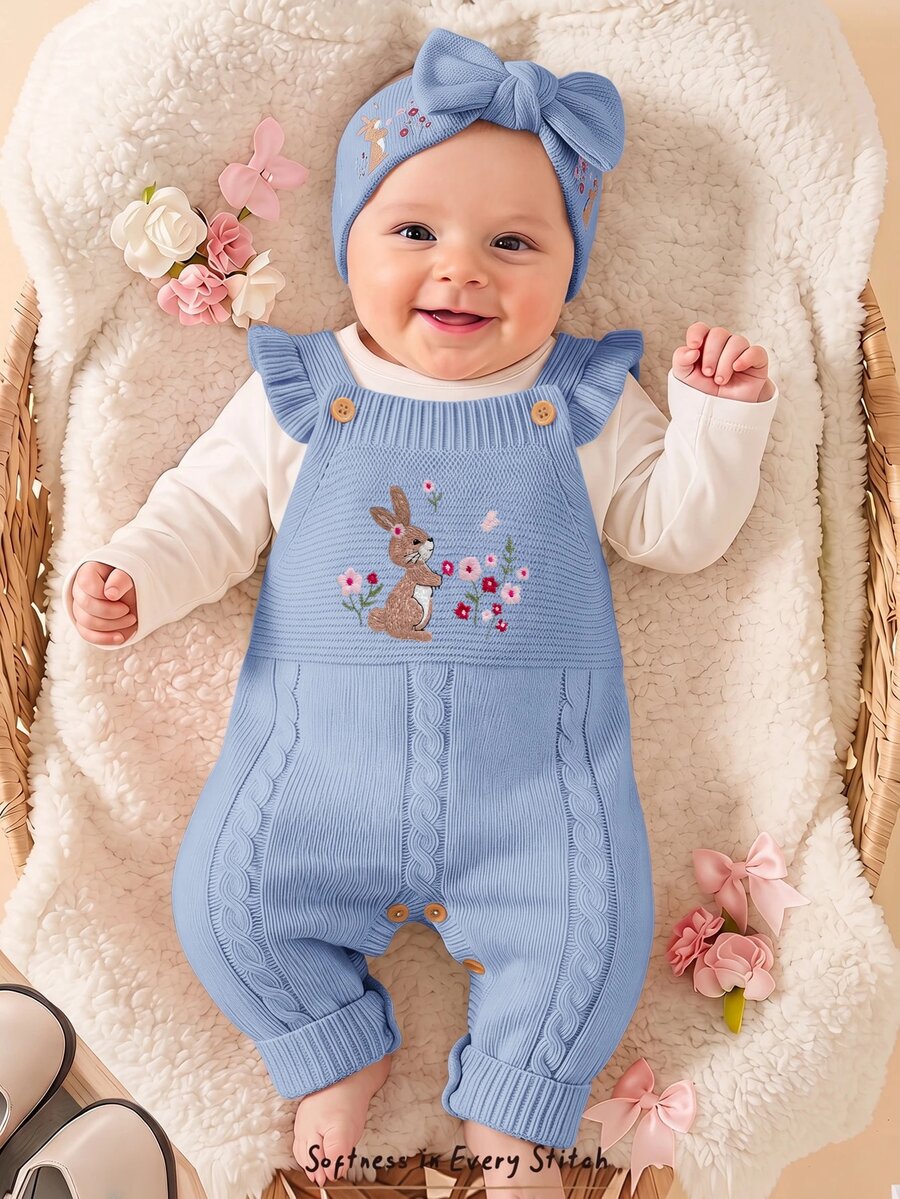 Cozy Pixies Baby Girls' Knitted Romper, Apricot Color, Embroidered Rabbit & Floral Pattern, Long Autumn Winter Pants - Blue - View 1