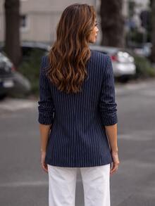 Editum Women's Navy Blue Notch Lapel Fashion Casual Versatile Commute Teachers' Day Blazer Office Business Summer - Blue - View 3