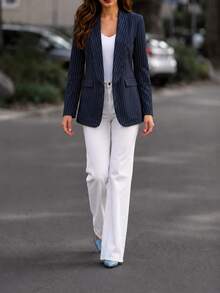 Editum Women's Navy Blue Notch Lapel Fashion Casual Versatile Commute Teachers' Day Blazer Office Business Summer - Blue - View 4