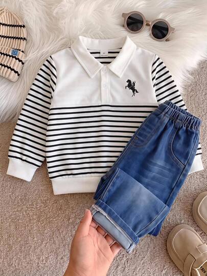 SHEIN Young Boy Knight Striped Print Long Sleeve Casual Polo Shirt