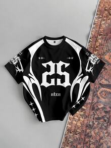 Aesthetic Post Camiseta de manga corta con cuello redondo y estampado numérico de color contrastante para hombre, verano - Multicolor - Ver 5