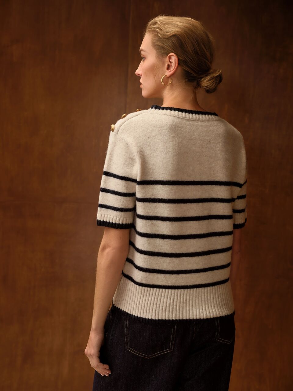 MOTF CONTRAST STRIPED PATTERN BUTTON DETAIL SHORT SLEEVE KNIT TOP