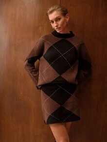 MOTF PREMIUM Damen Herbst/Winter Diamant-Karomuster Drop-Shoulder lockerer Pullover und Rock Set - Schwarz - Übersicht 6