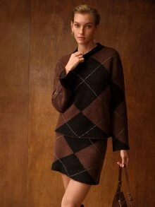 MOTF PREMIUM Damen Herbst/Winter Diamant-Karomuster Drop-Shoulder lockerer Pullover und Rock Set - Schwarz - Übersicht 5