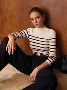 MOTF PREMIUM WOOL MIX SLIM STRIPED PATTERN RIBBED KNIT SWEATER - Apricot - View 8