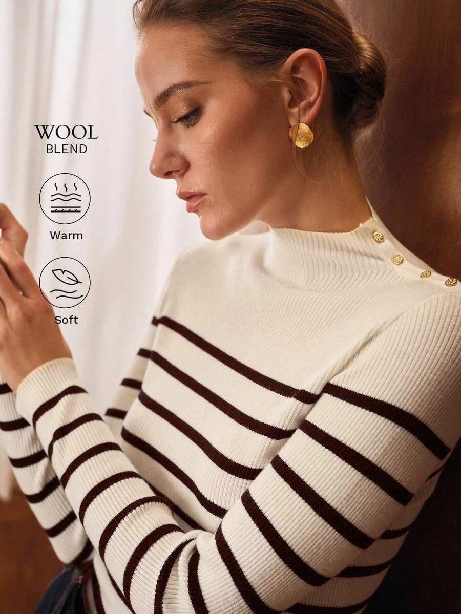 MOTF PREMIUM WOOL MIX SLIM STRIPED PATTERN RIBBED KNIT SWEATER - Apricot - View 1