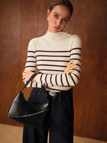 MOTF PREMIUM WOOL MIX SLIM STRIPED PATTERN RIBBED KNIT SWEATER - Apricot - View 5