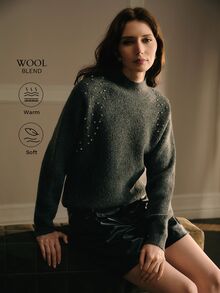 MOTF SWEATER WANITA BERLEHER SEMI-TINGGI DENGAN HIASAN BATU PERMATA, ATASAN RAJUT LONGGAR PREMIUM - Grey - View 2