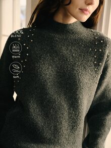 MOTF SWEATER WANITA BERLEHER SEMI-TINGGI DENGAN HIASAN BATU PERMATA, ATASAN RAJUT LONGGAR PREMIUM - Grey - View 3