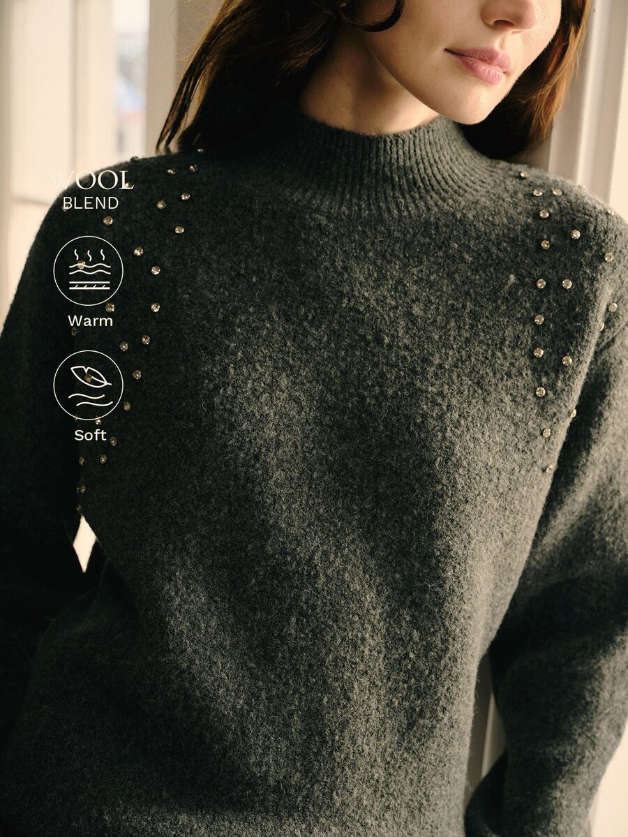 MOTF WOMEN'S SEMI-HIGH NECK RHINESTONE EMBELLISHED SWEATER, PREMIUM SLOUCHY KNIT TOP