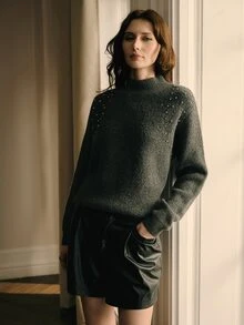 MOTF SWEATER WANITA BERLEHER SEMI-TINGGI DENGAN HIASAN BATU PERMATA, ATASAN RAJUT LONGGAR PREMIUM - Grey - View 6