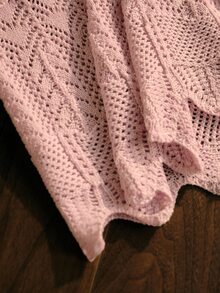 MOTF PREMIUM AUTUMN/WINTER GENTLE MINIMALIST SEXY FRENCH VINTAGE DATING HIGH-END V-NECK PEARL BUTTON HOLLOW WAVE KNIT CARDIGAN & MULTI-LAYER RUFFLE MERMAID SKIRT LIGHT PINK WOMEN'S 2-PIECE SET - Baby Pink - View 8