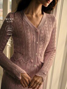 MOTF PREMIUM AUTUMN/WINTER GENTLE MINIMALIST SEXY FRENCH VINTAGE DATING HIGH-END V-NECK PEARL BUTTON HOLLOW WAVE KNIT CARDIGAN & MULTI-LAYER RUFFLE MERMAID SKIRT LIGHT PINK WOMEN'S 2-PIECE SET - Baby Pink - View 2