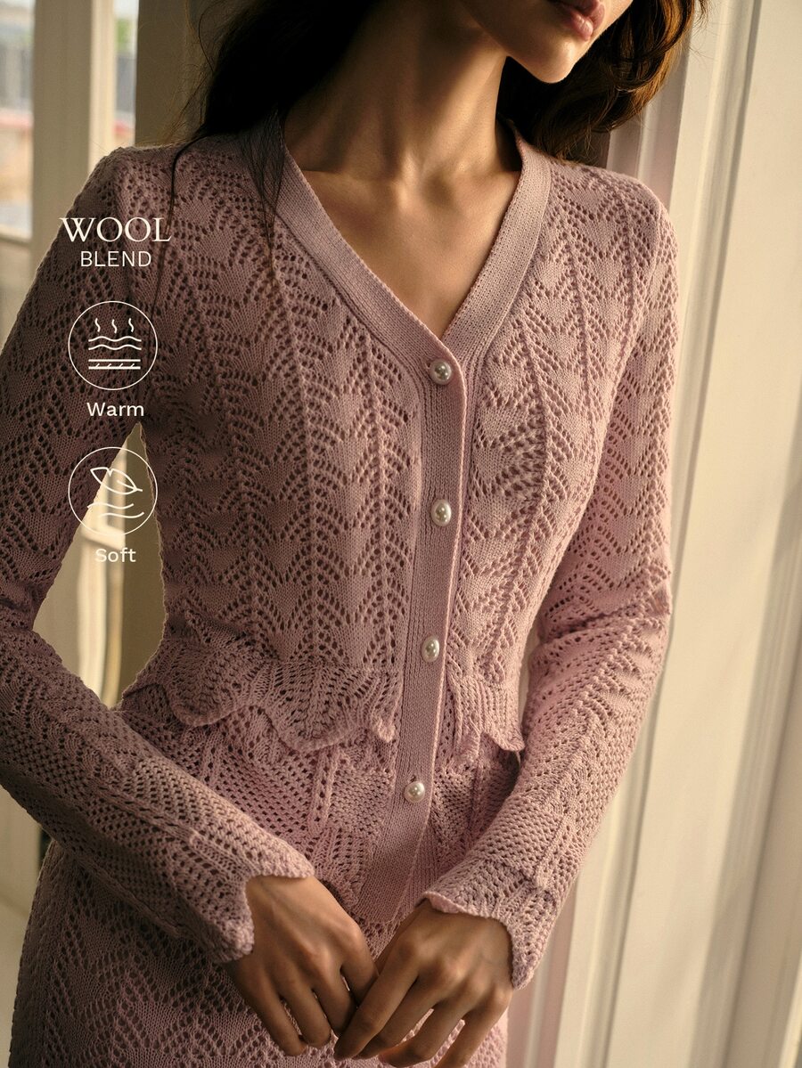 MOTF PREMIUM AUTUMN/WINTER GENTLE MINIMALIST SEXY FRENCH VINTAGE DATING HIGH-END V-NECK PEARL BUTTON HOLLOW WAVE KNIT CARDIGAN & MULTI-LAYER RUFFLE MERMAID SKIRT LIGHT PINK WOMEN'S 2-PIECE SET - Baby Pink - View 2