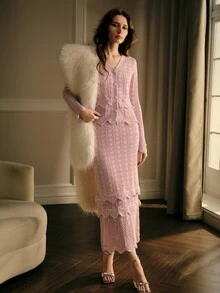 MOTF PREMIUM AUTUMN/WINTER GENTLE MINIMALIST SEXY FRENCH VINTAGE DATING HIGH-END V-NECK PEARL BUTTON HOLLOW WAVE KNIT CARDIGAN & MULTI-LAYER RUFFLE MERMAID SKIRT LIGHT PINK WOMEN'S 2-PIECE SET - Baby Pink - View 7
