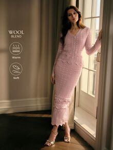 MOTF PREMIUM AUTUMN/WINTER GENTLE MINIMALIST SEXY FRENCH VINTAGE DATING HIGH-END V-NECK PEARL BUTTON HOLLOW WAVE KNIT CARDIGAN & MULTI-LAYER RUFFLE MERMAID SKIRT LIGHT PINK WOMEN'S 2-PIECE SET - Baby Pink - View 1