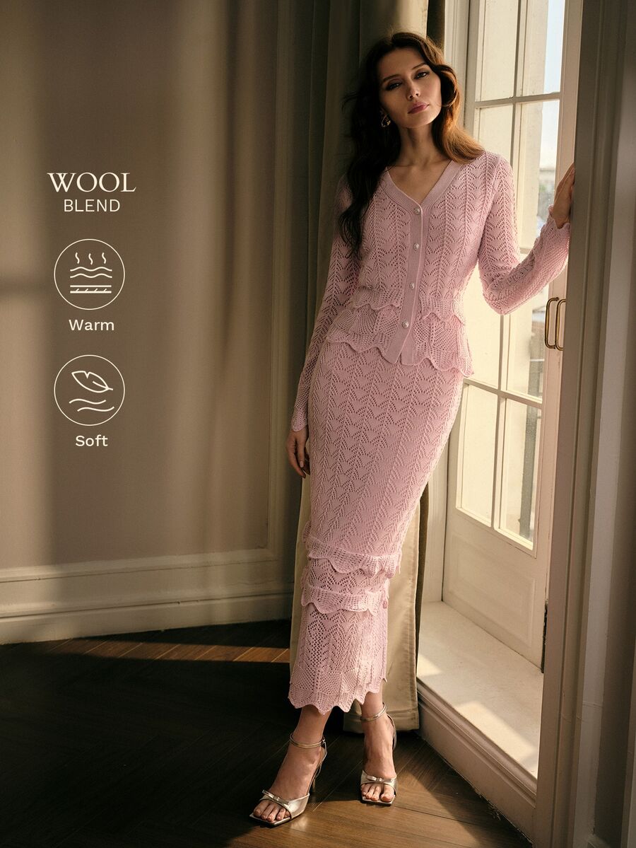 MOTF PREMIUM AUTUMN/WINTER GENTLE MINIMALIST SEXY FRENCH VINTAGE DATING HIGH-END V-NECK PEARL BUTTON HOLLOW WAVE KNIT CARDIGAN & MULTI-LAYER RUFFLE MERMAID SKIRT LIGHT PINK WOMEN'S 2-PIECE SET - Baby Pink - View 1
