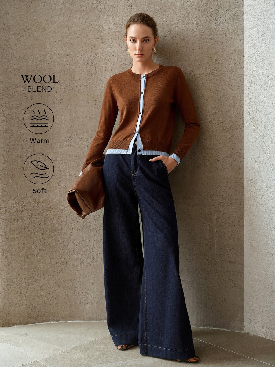 MOTF PREMIUM SWEATER WANITA DENGAN TRIM KONTRAS, KANCING DEPAN, DAN LEHER BULAT