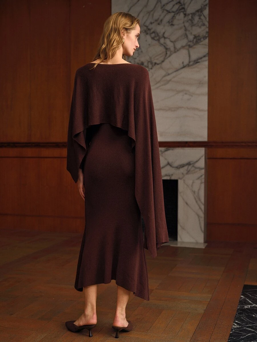 MOTF PREMIUM WOMEN'S SOLID COLOR BOAT NECK CAPE-STYLE FITTED SWEATER DRESS - Coffee Brown - View 2