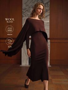 MOTF PREMIUM GAUN SWEATER WANITA MODEL CAPE DENGAN LEHER PERAHU WARNA POLOS DAN POTONGAN PAS BADAN - Coffee Brown - View 3