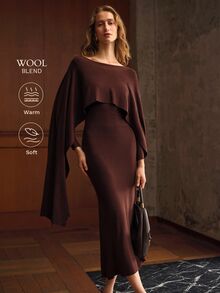 MOTF PREMIUM GAUN SWEATER WANITA MODEL CAPE DENGAN LEHER PERAHU WARNA POLOS DAN POTONGAN PAS BADAN - Coffee Brown - View 1