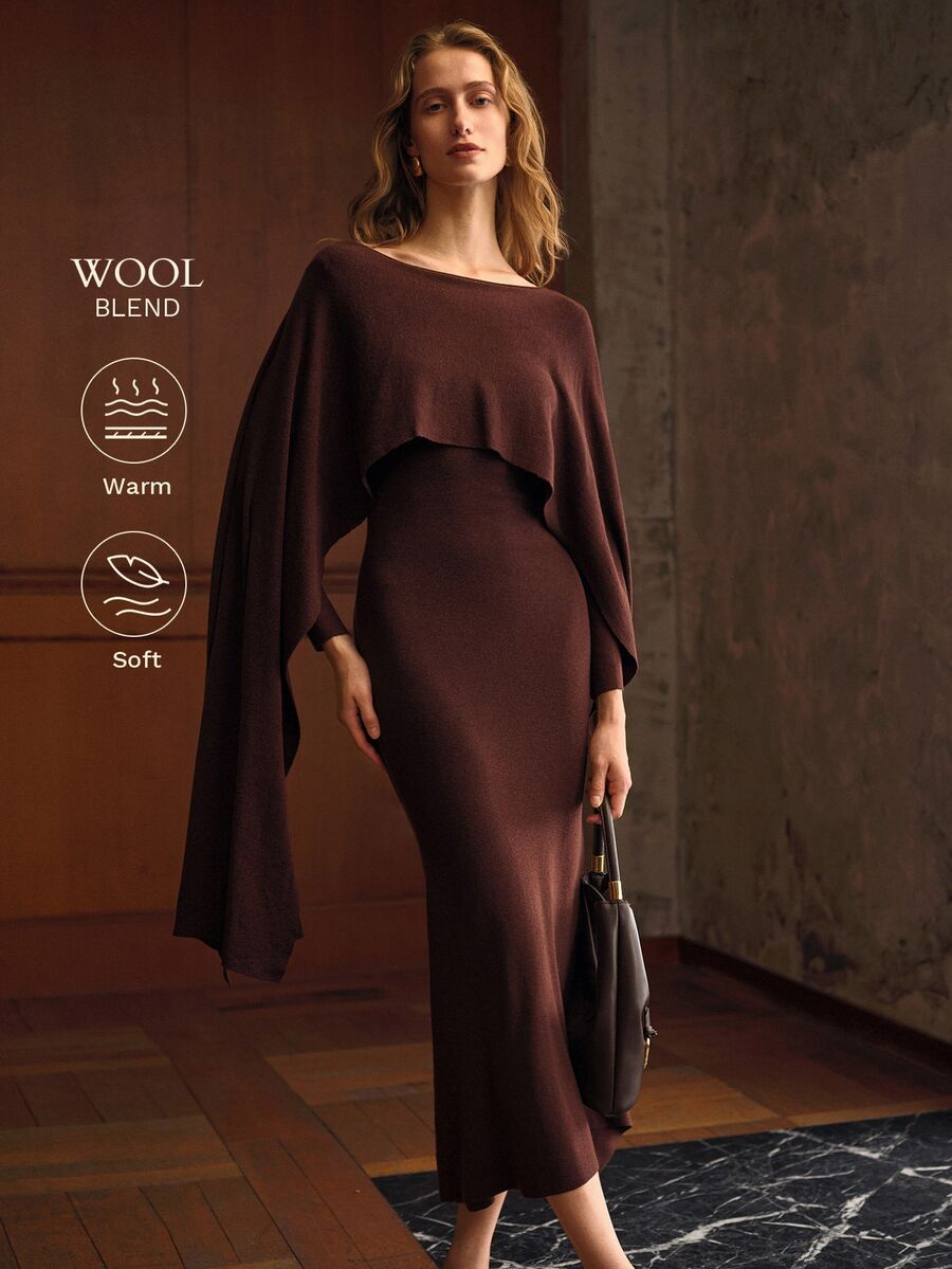 MOTF PREMIUM GAUN SWEATER WANITA MODEL CAPE DENGAN LEHER PERAHU WARNA POLOS DAN POTONGAN PAS BADAN - Coffee Brown - View 1