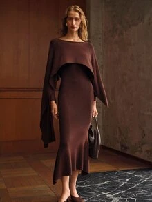 MOTF PREMIUM GAUN SWEATER WANITA MODEL CAPE DENGAN LEHER PERAHU WARNA POLOS DAN POTONGAN PAS BADAN - Coffee Brown - View 4