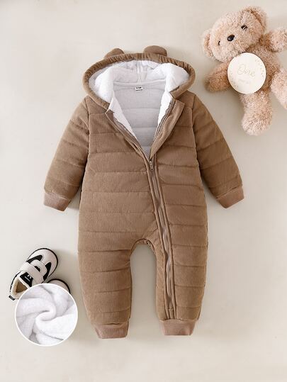 SHEIN Souflis بدلة أطفال رضيع وطفل صغير من 0-3 سنوات خريف/شتاء كاجوال يومية متعددة الاستخدامات مبطنة حرارياً سميكة من الفلانيل والقطيفة بتصميم دب تيدي وأذنين وغطاء رأس للتزلج والشتاء والخارج