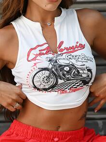 Hariany Almeida Motorcycle Style Tank Top For Summer With Letter Print And Notched Collar California CITY PARK ENJOY BEING THE STAND OUT Have Confidence - White - View 4