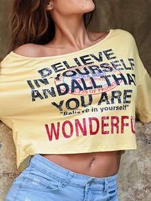 Hariany Almeida Women's Fashionable Yellow Letter Print Asymmetric Shoulder Short T-Shirt Music Festival Summer Y2k - Yellow - View 4