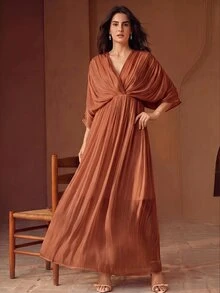 Anewsta Women's New Summer Elegant Noble V-Neck Ruched Waist Ruched Slimming Long Kaftan Dress For Party, Banquet And Daily Wear - Burnt Orange - View 6