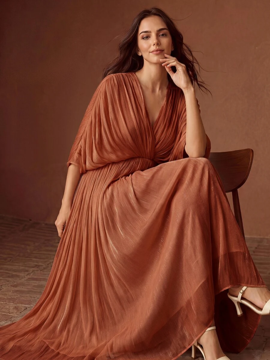 Anewsta Women's New Summer Elegant Noble V-Neck Ruched Waist Ruched Slimming Long Kaftan Dress For Party, Banquet And Daily Wear - Burnt Orange - View 1
