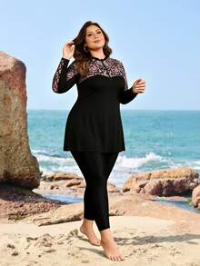 Swim Mulvari Plus Size Women 2-Piece Paisley Print Zipper Front Long Sleeve Rash Guard Pants Swimwear Set Beach Summer 1960s 1920s - Black - View 2