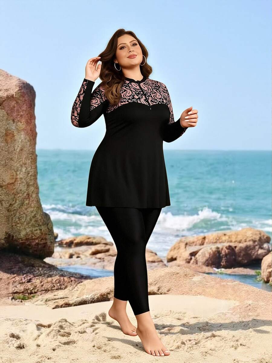 Swim Mulvari Plus Size Women 2-Piece Paisley Print Zipper Front Long Sleeve Rash Guard Pants Swimwear Set Beach Summer 1960s 1920s
