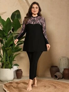 Swim Mulvari Plus Size Women 2-Piece Paisley Print Zipper Front Long Sleeve Rash Guard Pants Swimwear Set Beach Summer 1960s 1920s - Black - View 6