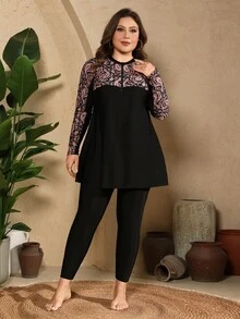 Swim Mulvari Plus Size Women 2-Piece Paisley Print Zipper Front Long Sleeve Rash Guard Pants Swimwear Set Beach Summer 1960s 1920s - Black - View 9