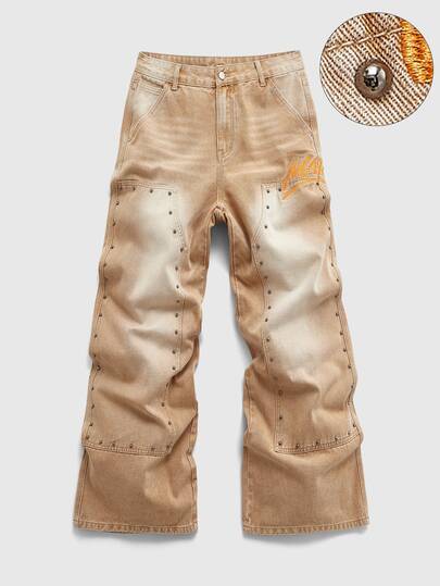 Jeans de mezclilla casuales y versátiles para hombre con bolsillo, botón y estampado de letras