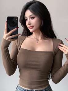 DAZY Solid Square Neck Crop Ribbed Tee,Fall Clothes Long Sleeve Women Tops Going Out Tops - Khaki - View 9