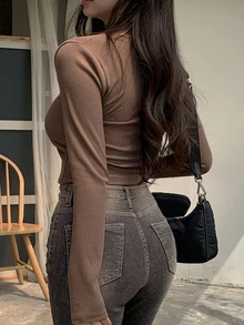DAZY Solid Square Neck Crop Ribbed Tee,Fall Clothes Long Sleeve Women Tops Going Out Tops - Khaki - View 2