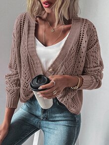 EMERY ROSE Cárdigan de punto calado con caída de hombros y botones delanteros, blusas de manga larga - Púrpura polvoriento - Ver 7