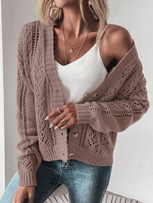 EMERY ROSE Cárdigan de punto calado con caída de hombros y botones delanteros, blusas de manga larga - Púrpura polvoriento - Ver 4