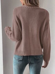 EMERY ROSE Cárdigan de punto calado con caída de hombros y botones delanteros, blusas de manga larga - Púrpura polvoriento - Ver 2