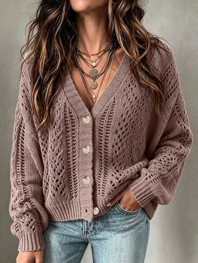 EMERY ROSE Pointelle Knit Drop Shoulder Button Front Cardigan,Long Sleeve Tops Fall Winter Cloth For Women