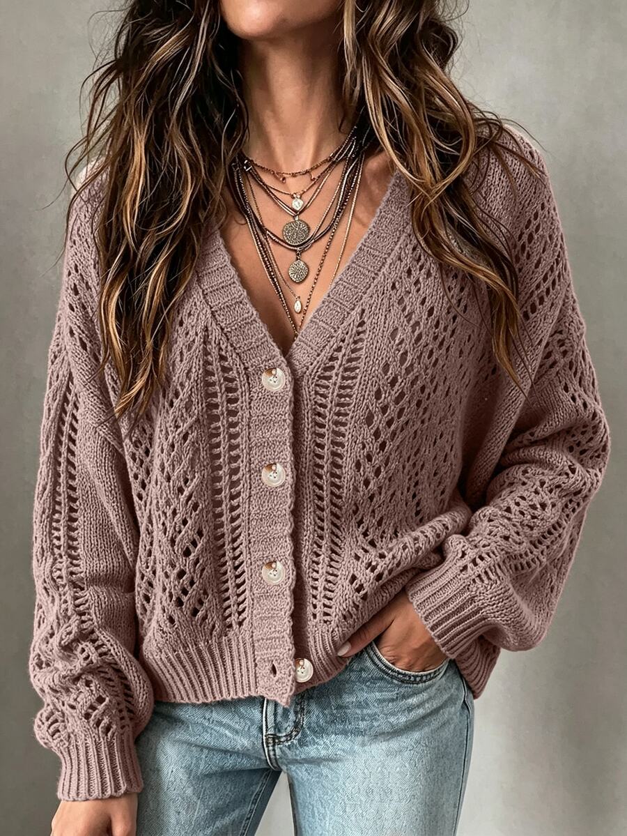 EMERY ROSE Cárdigan de punto calado con caída de hombros y botones delanteros, blusas de manga larga - Púrpura polvoriento - Ver 1