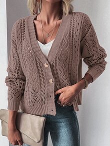 EMERY ROSE Cárdigan de punto calado con caída de hombros y botones delanteros, blusas de manga larga - Púrpura polvoriento - Ver 5