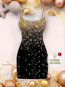 SHEIN EZwear 女士休闲紧身迷你吊带连衣裙，金色水钻印花设计，极简主义，适合生日、返校节、派对 - 白色 - 查看 1
