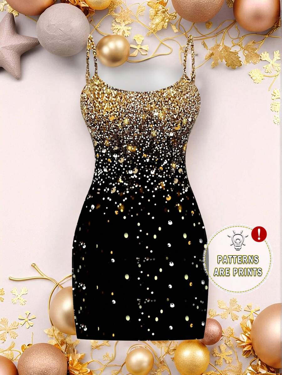 SHEIN EZwear 女士休闲紧身迷你吊带连衣裙,金色水钻印花设计,极简主义,适合生日、返校节、派对 - 白色 - 查看 1