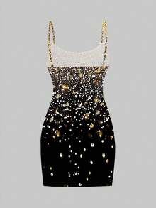SHEIN EZwear 女士休闲紧身迷你吊带连衣裙，金色水钻印花设计，极简主义，适合生日、返校节、派对 - 白色 - 查看 2