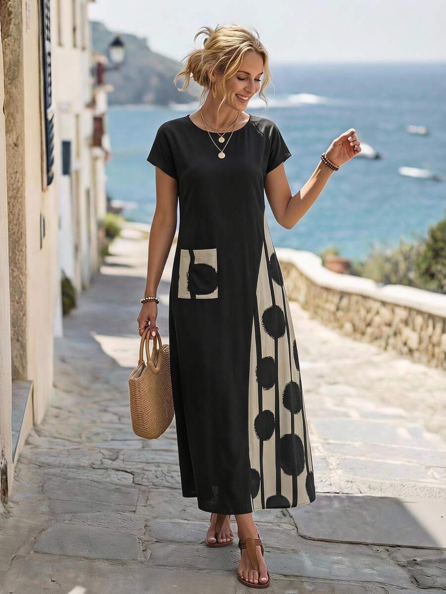 Faunlyn Women's Vacation Casual Colorblock Patchwork Print Dress - Black - View 1